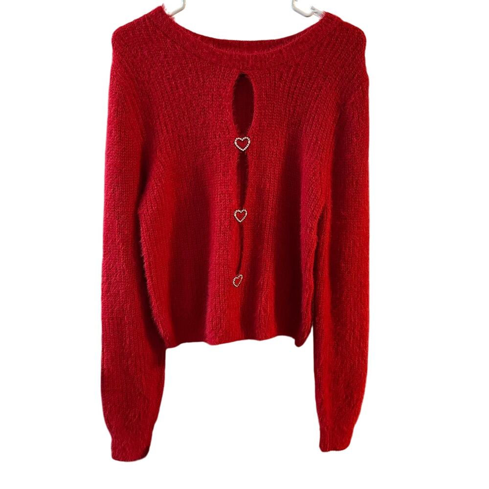 Madden Girl Women's Red Crew Neck Long Sleeve Sweater Soft Hearts Size XL‎